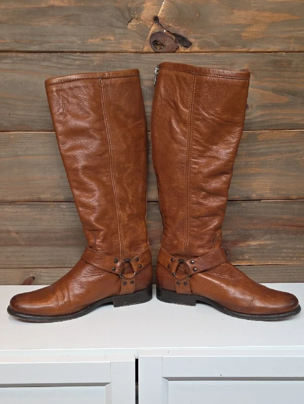 Frye Phillip Harness Tall Cognac Brown Leather Boots